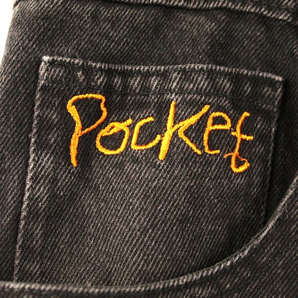 77'S HIP HOP BLACK EMBROIDERED PATCH BAGGY CARPENTER SK8R JEANS SZ Lg GRUNGE - Picture 6 of 14